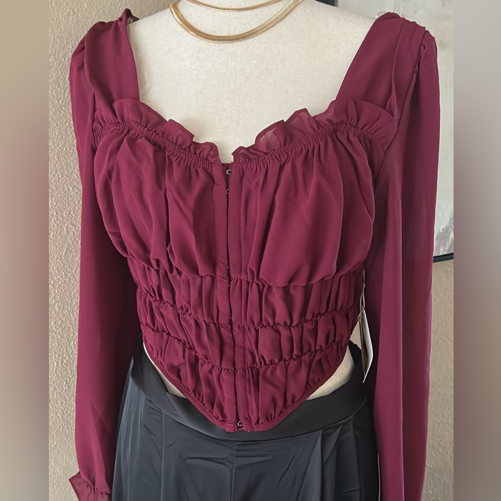Elegant Burgundy Ruched Corset Style Blouse